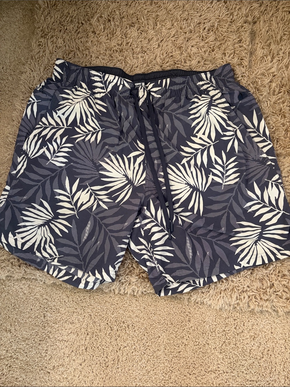 Lands' End Men’s Navy and White Tropical Leaf Swim Trunks